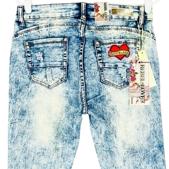 Rebel Love Women Distressed Patch Acid Wash Blue Skinny Stretch Jeans 13/14 NWT - Picture 4 of 12